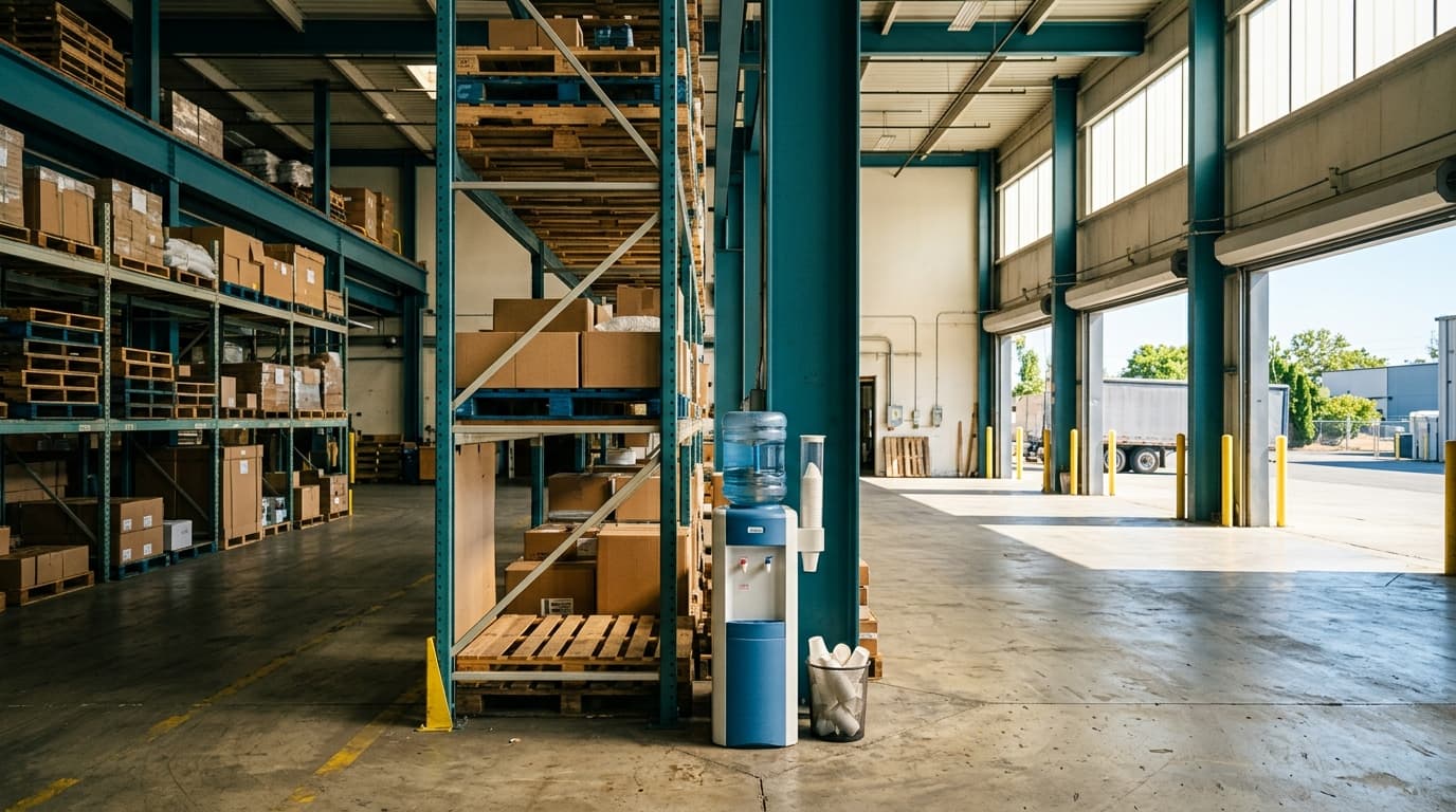Waterkoeler met bekers aan de laadkade van een magazijn op een warme zomerdag