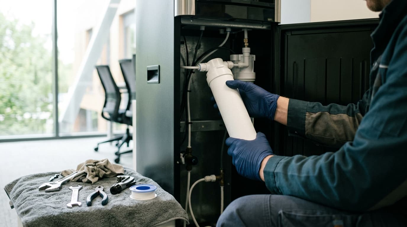 Technieker vervangt de filtercartouche in een geopende waterkoeler op waterleiding