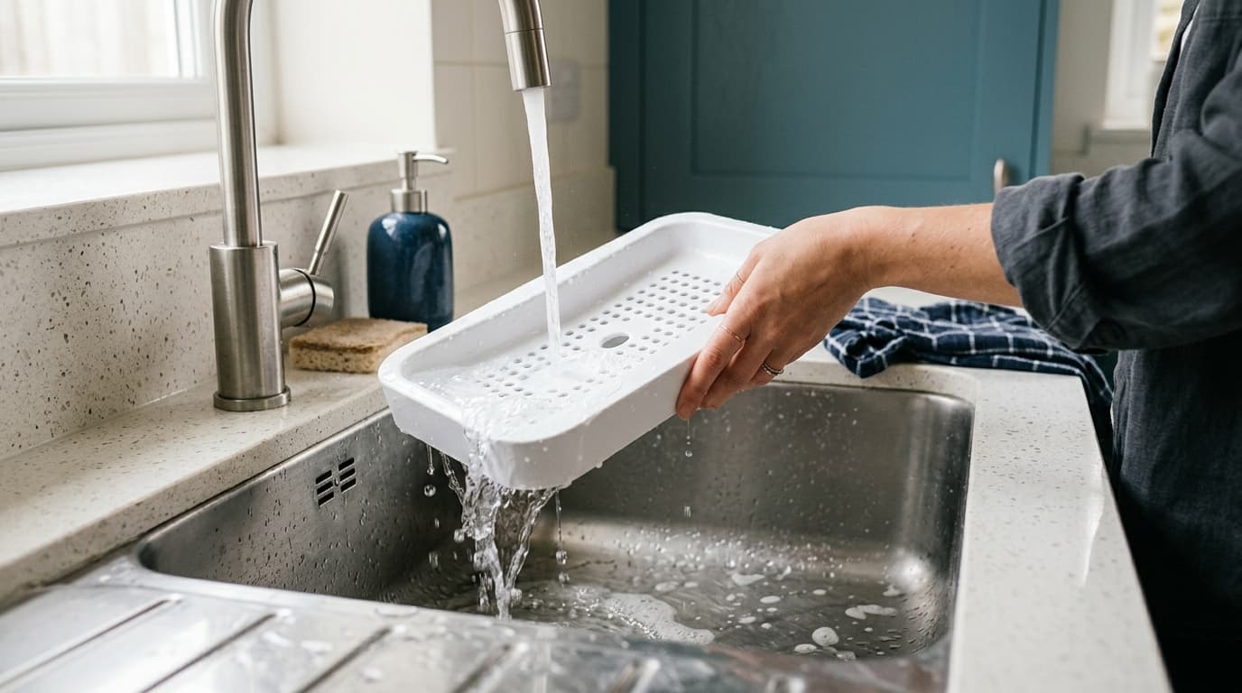 Lekbak van een waterkoeler die onder de kraan van een gootsteen wordt afgespoeld