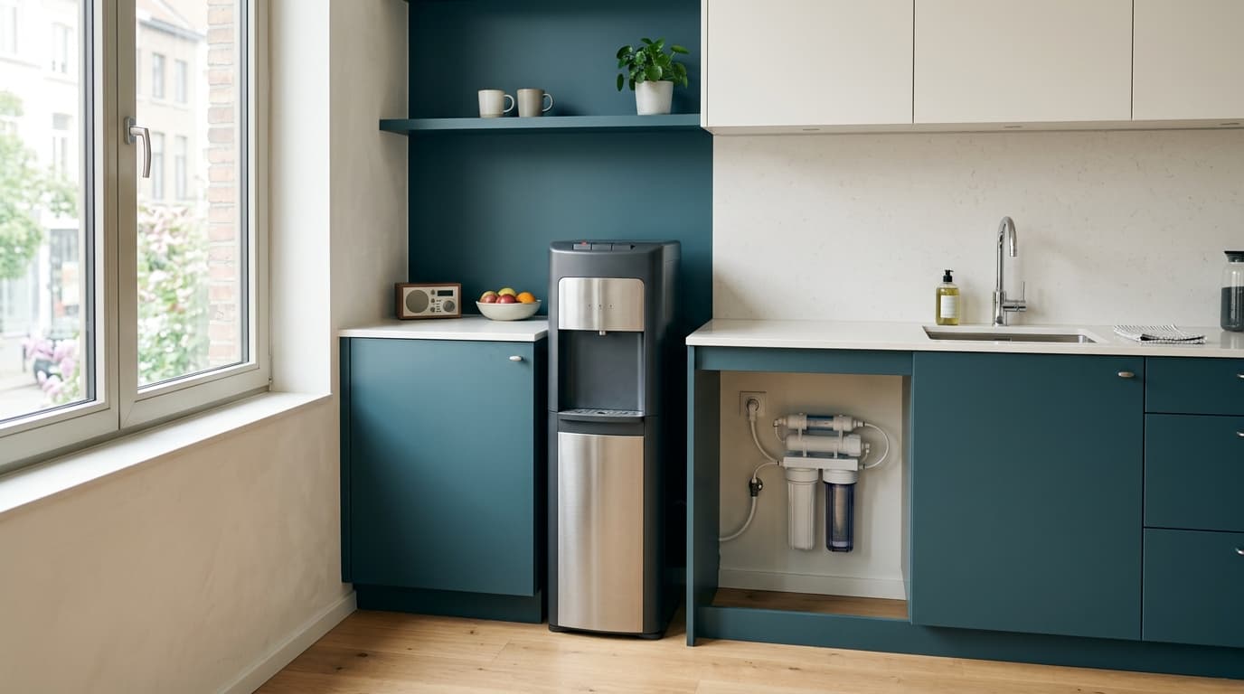 Staande waterkoeler in een kitchenette, aangesloten op de waterleiding onder het aanrecht