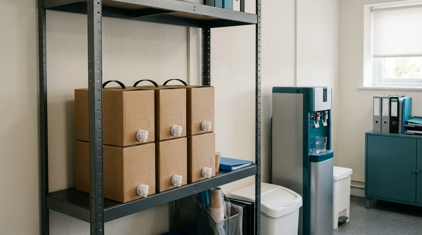 Voorraad waterpacks van 10 liter op een rek in de berging van een kantoor