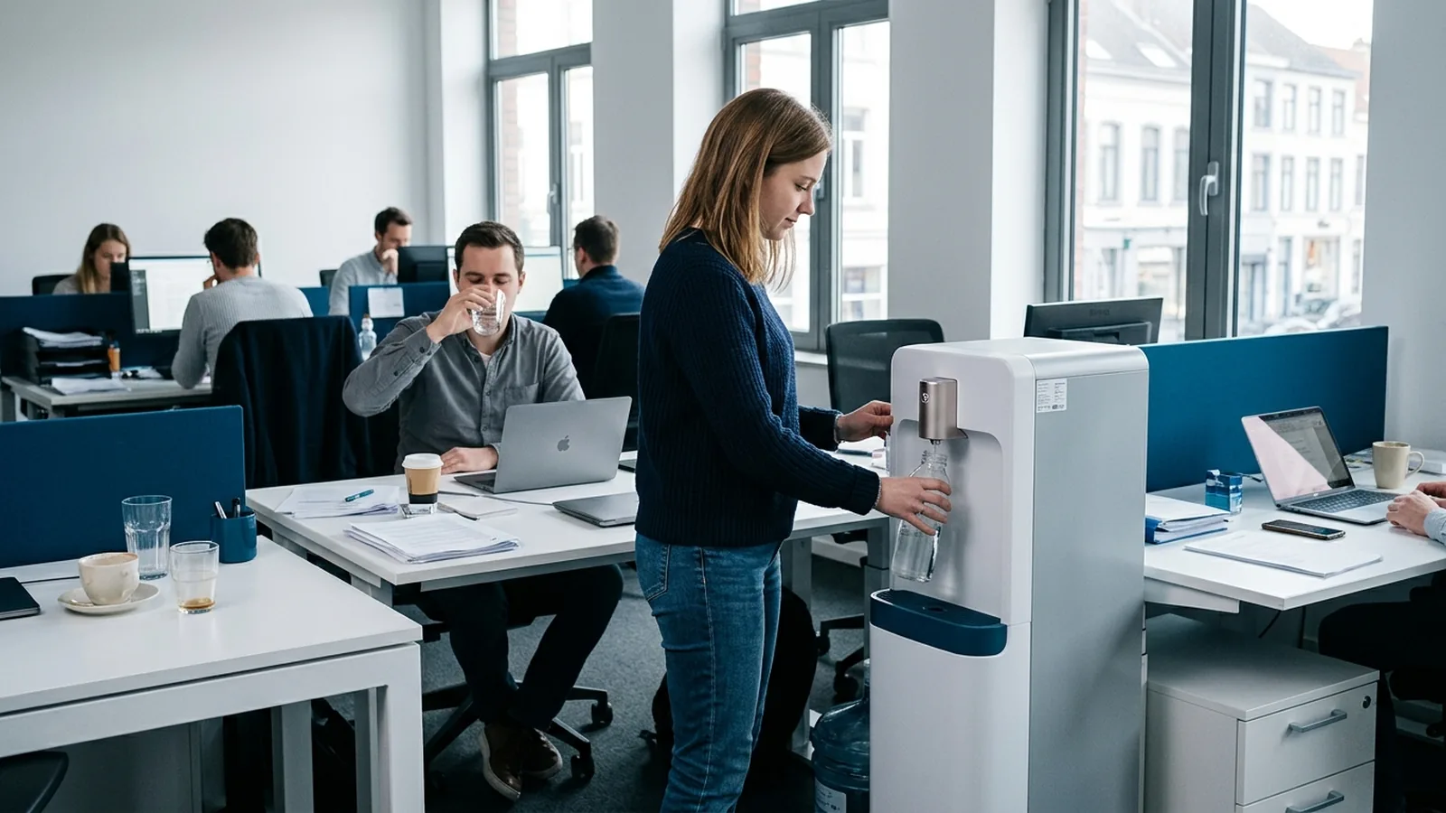 Medewerker vult een drinkfles aan een waterkoeler in een open kantoor, een collega drinkt een glas water