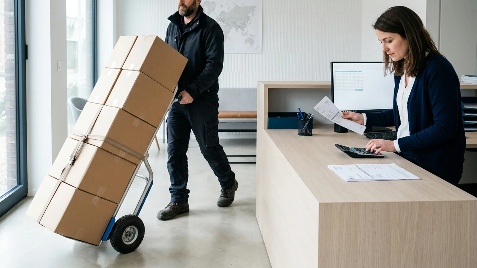 10-litre packs of mineral water in cardboard boxes, stacked next to an office water cooler