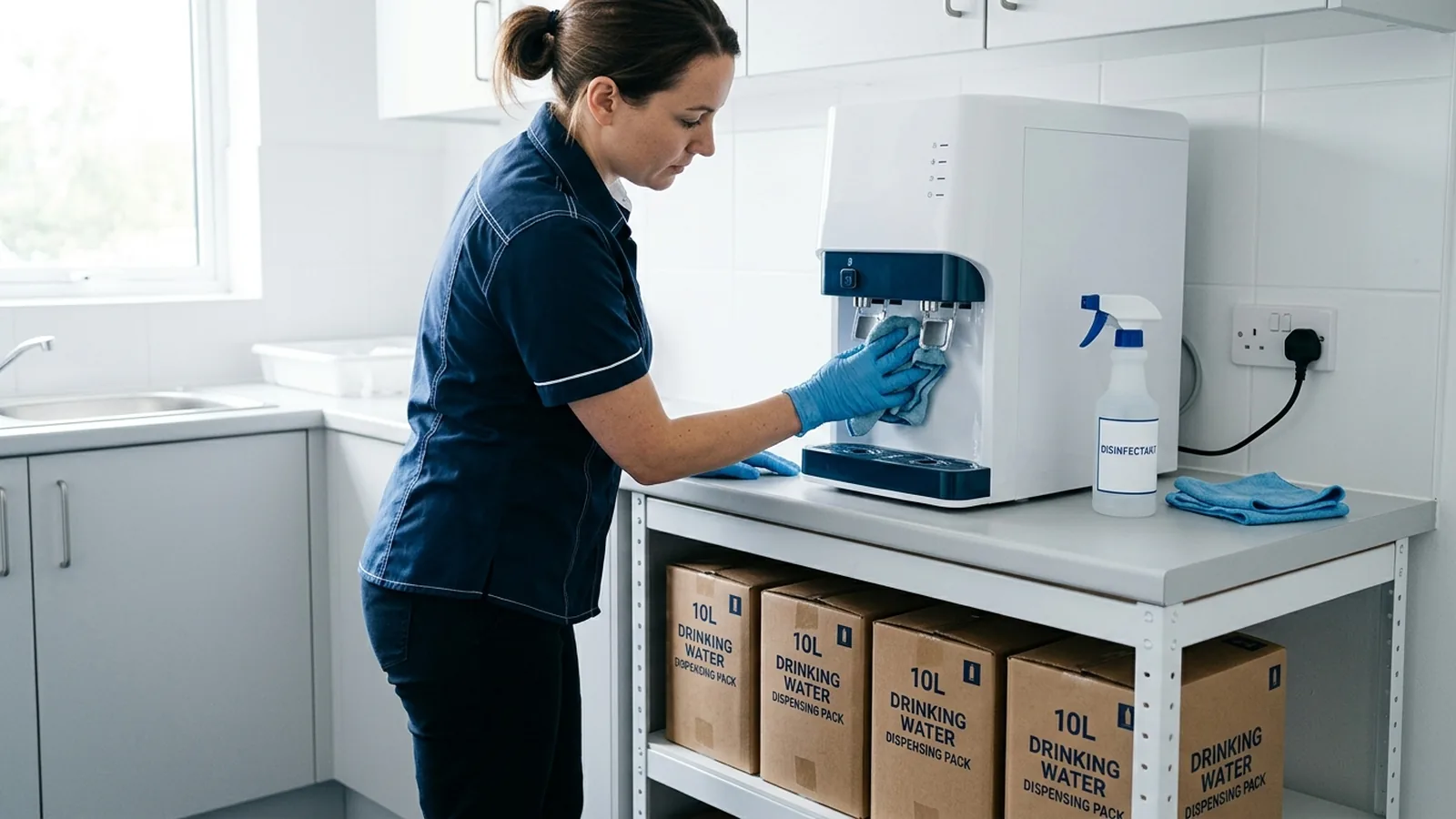 Waterdispenser op een werkblad naast het stopcontact, met vier packs van 10 liter op een rek eronder