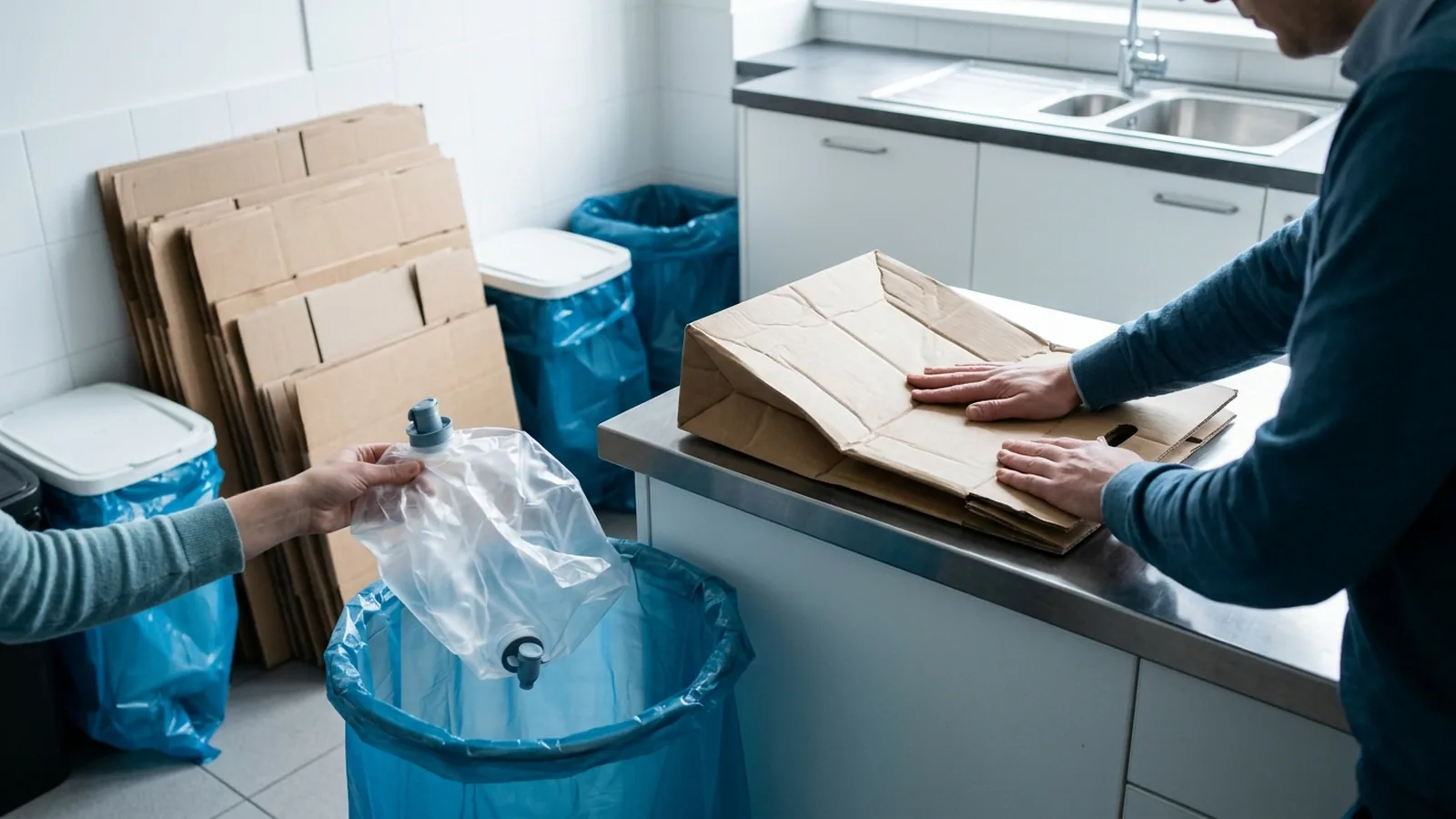 Platgevouwen kartonnen doos en lege waterzak met kraantje naast een papiercontainer en een PMD-zak op kantoor