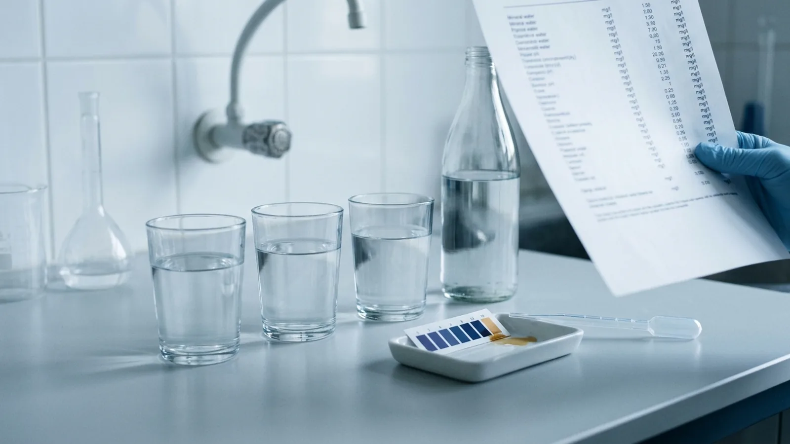 Drie glazen water en een glazen fles naast een kraan, met een analyseblad in mg per liter en een teststrookje